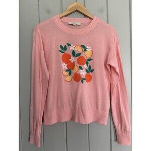 Loft Sweater S Small Orange Blossoms Fruit Novelty Pink 100% Cotton Lightweight
